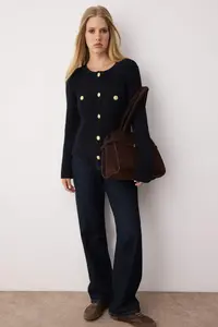 TRENDYOLMİLLA Navy Blue textured Cotton Blended Knitwear Cardigan - Image 2