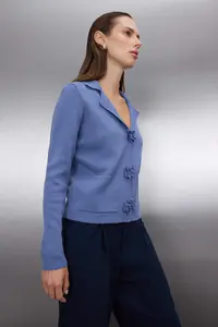 TRENDYOLMİLLA Indigo Handcrafted Rose Button Detailed Knitwear Cardigan - Image 2