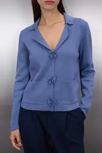 TRENDYOLMİLLA Indigo Handcrafted Rose Button Detailed Knitwear Cardigan - Image 3