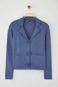 TRENDYOLMİLLA Indigo Handcrafted Rose Button Detailed Knitwear Cardigan - Image 5