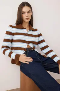 TRENDYOLMİLLA Wardrobe Essentials Brown*001 Polo Shirt Collar Striped Knitwear Cardigan |
