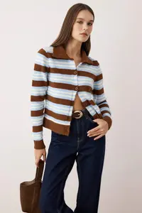 TRENDYOLMİLLA Wardrobe Essentials Brown*001 Polo Shirt Collar Striped Knitwear Cardigan | - Image 2