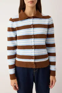 TRENDYOLMİLLA Wardrobe Essentials Brown*001 Polo Shirt Collar Striped Knitwear Cardigan | - Image 3