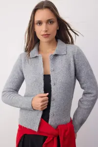TRENDYOLMİLLA Wardrobe Essentials Gray Mercerized Look Polo Shirt Collar Knitwear Cardigan |