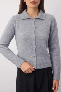 TRENDYOLMİLLA Wardrobe Essentials Gray Mercerized Look Polo Shirt Collar Knitwear Cardigan | - Image 3