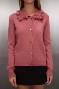 TRENDYOLMİLLA Dusty Rose Soft textured Collar Frilly Metal Button Detailed Knitwear Cardigan - Image 3