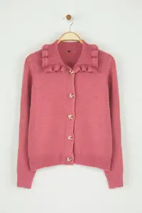 TRENDYOLMİLLA Dusty Rose Soft textured Collar Frilly Metal Button Detailed Knitwear Cardigan - Image 5