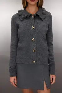 TRENDYOLMİLLA Gray Soft textured Collar Frilly Metal Button Detailed Knitwear Cardigan - Image 3