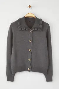 TRENDYOLMİLLA Gray Soft textured Collar Frilly Metal Button Detailed Knitwear Cardigan - Image 5