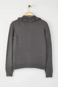 TRENDYOLMİLLA Gray Soft textured Collar Frilly Metal Button Detailed Knitwear Cardigan - Image 6