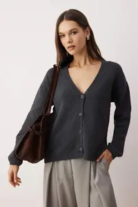 TRENDYOLMİLLA More Sustainable Anthracite Cotton Blended Pattern Knitwear Cardigan - Image 2