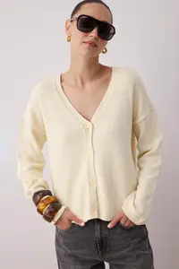 TRENDYOLMİLLA More Sustainable Ecru Cotton Blended Pattern Knitwear Cardigan