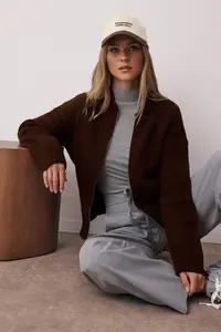 TRENDYOLMİLLA Brown Soft textured Zippered Wide Pattern Knitwear Cardigan