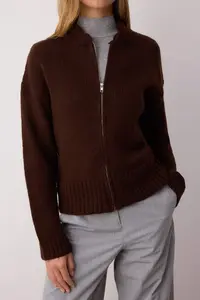 TRENDYOLMİLLA Brown Soft textured Zippered Wide Pattern Knitwear Cardigan - Image 3