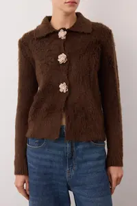 TRENDYOLMİLLA Dark Brown Rose Button Detailed Boucle Thread Wide Pattern Knitwear Cardigan - Image 3