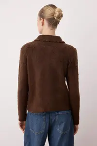 TRENDYOLMİLLA Dark Brown Rose Button Detailed Boucle Thread Wide Pattern Knitwear Cardigan - Image 4