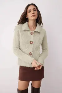 TRENDYOLMİLLA Mink Rose Button Detailed Boucle Thread Knitwear Cardigan