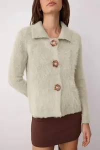 TRENDYOLMİLLA Mink Rose Button Detailed Boucle Thread Knitwear Cardigan - Image 3
