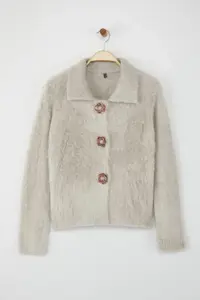 TRENDYOLMİLLA Mink Rose Button Detailed Boucle Thread Knitwear Cardigan - Image 5