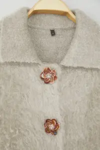 TRENDYOLMİLLA Mink Rose Button Detailed Boucle Thread Knitwear Cardigan - Image 6