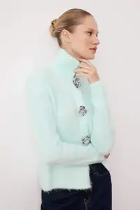 TRENDYOLMİLLA MINT Rose Button Detailed Boucle Thread Wide Pattern Knitwear Cardigan