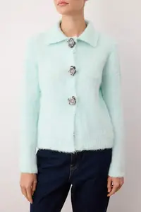 TRENDYOLMİLLA MINT Rose Button Detailed Boucle Thread Wide Pattern Knitwear Cardigan - Image 3