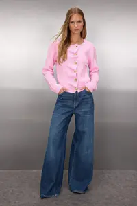 TRENDYOLMİLLA Pink Ruffle Closure Detailed Metal Buttoned Knitwear Cardigan - Image 3