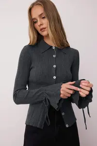 TRENDYOLMİLLA Anthracite Mercerized Look Ribbed Polo Shirt Collar Knitwear Cardigan