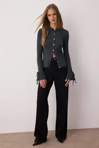 TRENDYOLMİLLA Anthracite Mercerized Look Ribbed Polo Shirt Collar Knitwear Cardigan - Image 2