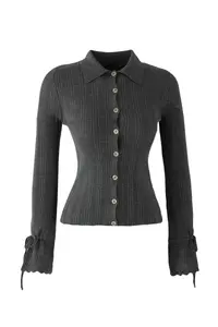 TRENDYOLMİLLA Anthracite Mercerized Look Ribbed Polo Shirt Collar Knitwear Cardigan - Image 5
