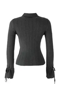 TRENDYOLMİLLA Anthracite Mercerized Look Ribbed Polo Shirt Collar Knitwear Cardigan - Image 7