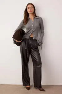 TRENDYOLMİLLA Gray Mercerized Look Ribbed Polo Shirt Collar Knitwear Cardigan - Image 2