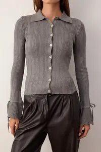 TRENDYOLMİLLA Gray Mercerized Look Ribbed Polo Shirt Collar Knitwear Cardigan - Image 3