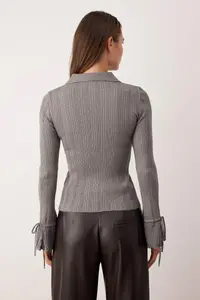 TRENDYOLMİLLA Gray Mercerized Look Ribbed Polo Shirt Collar Knitwear Cardigan - Image 4