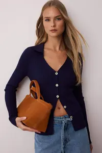 TRENDYOLMİLLA Wardrobe Essentials Navy Blue Fitted Knitwear Cardigan