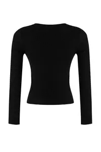 TRENDYOLMİLLA Wardrobe Essentials Black Mercerized Look Ribbed Knitwear Cardigan | - Image 7