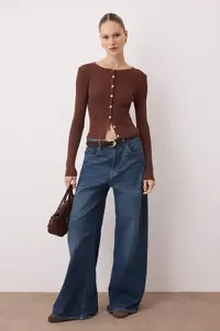 TRENDYOLMİLLA Wardrobe Essentials Brown Mercerized Look Ribbed Knitwear Cardigan | - Image 2
