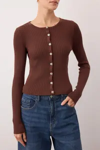 TRENDYOLMİLLA Wardrobe Essentials Brown Mercerized Look Ribbed Knitwear Cardigan | - Image 3