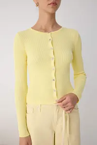 TRENDYOLMİLLA Wardrobe Essentials Yellow Mercerized Look Ribbed Knitwear Cardigan | - Image 3