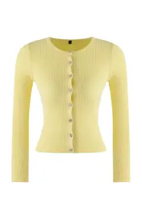 TRENDYOLMİLLA Wardrobe Essentials Yellow Mercerized Look Ribbed Knitwear Cardigan | - Image 5
