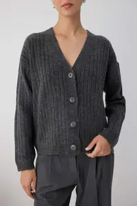 TRENDYOLMİLLA Wardrobe Essentials Anthracite Soft textured Basic Knitwear Cardigan | - Image 3