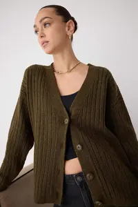 TRENDYOLMİLLA Wardrobe Essentials Khaki Soft textured Basic Knitwear Cardigan | - Image 2