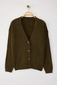 TRENDYOLMİLLA Wardrobe Essentials Khaki Soft textured Basic Knitwear Cardigan | - Image 5