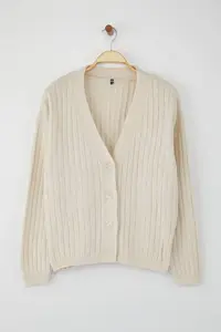 TRENDYOLMİLLA Wardrobe Essentials Stone Soft textured Basic Knitwear Cardigan | - Image 5
