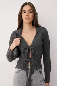 TRENDYOLMİLLA Anthracite Ribbon/Fiyonk tied up Knitwear Cardigan