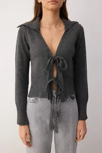 TRENDYOLMİLLA Anthracite Ribbon/Fiyonk tied up Knitwear Cardigan - Image 3