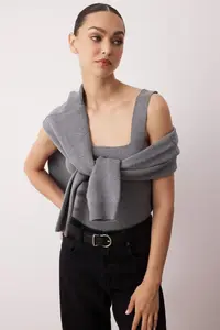 TRENDYOLMİLLA Anthracite 2 Sets Premium Yarn/Special Yarn Crew Neck Basic Knitwear Cardigan-Blouse Set - Image 2