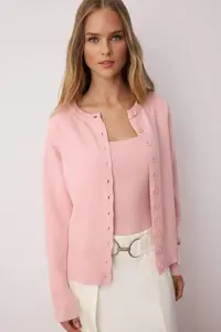 TRENDYOLMİLLA Pink 2 Sets Premium Yarn/Special Yarn Crew Neck Basic Knitwear Cardigan-Blouse Set