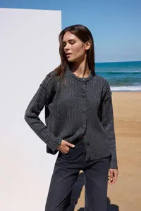 TRENDYOLMİLLA More Sustainable Anthracite Basic Ribbed Wide Pattern Knitwear Cardigan - Image 2