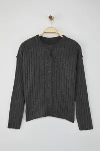 TRENDYOLMİLLA More Sustainable Anthracite Basic Ribbed Wide Pattern Knitwear Cardigan - Image 5